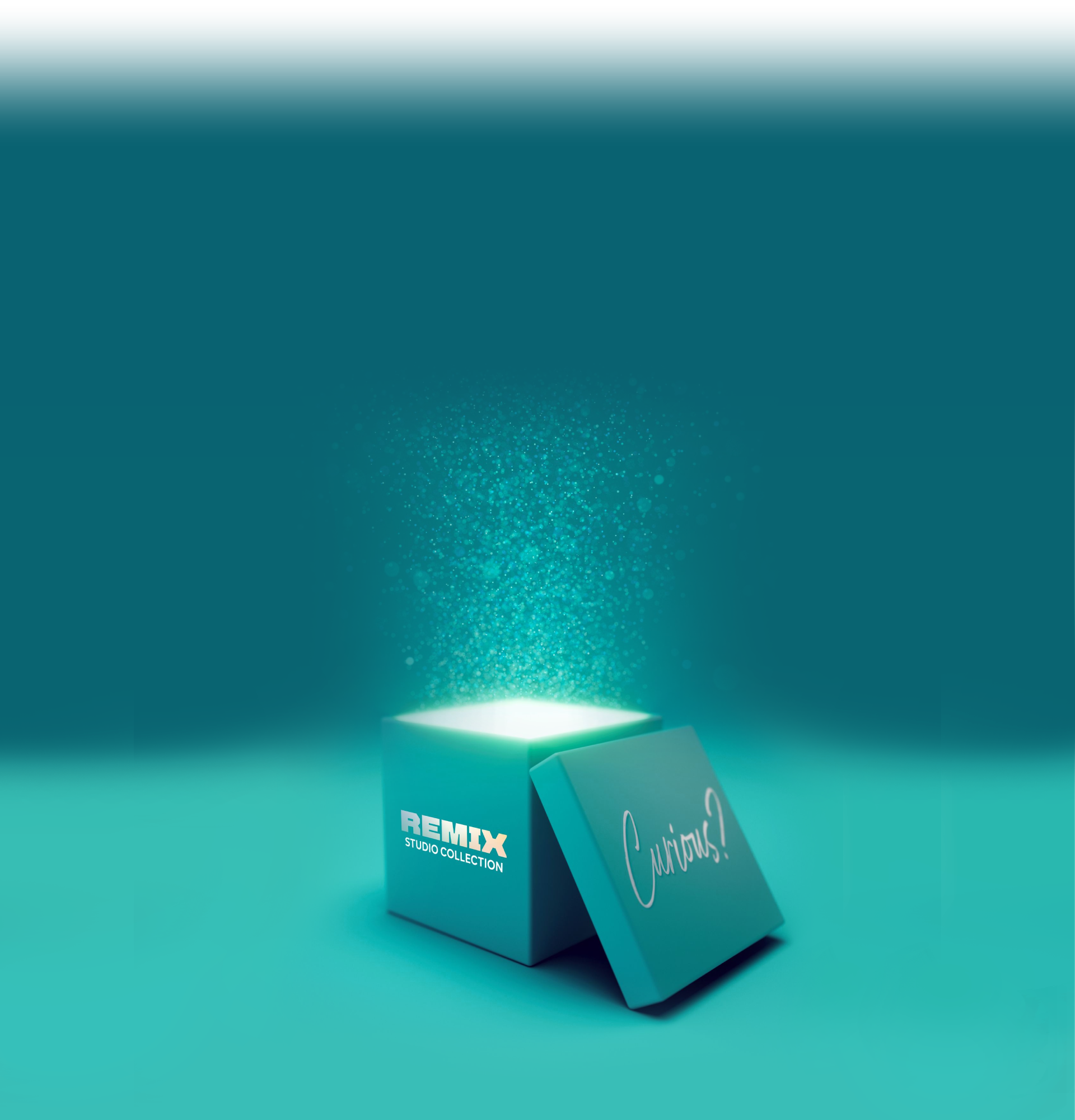 Glowing open box with sparkling light effects on a teal gradient background